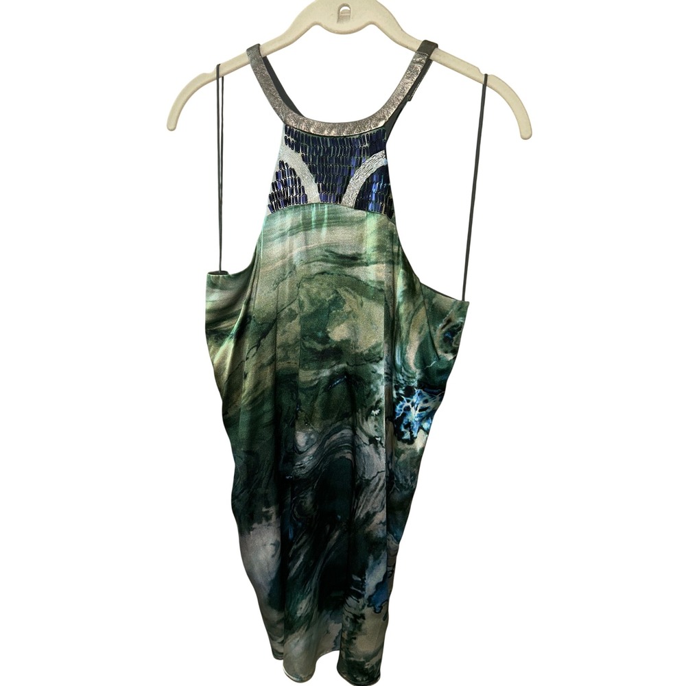 Nicole Miller Artelier Silk Halter Top Green Blue Marble Beaded Sequin Small